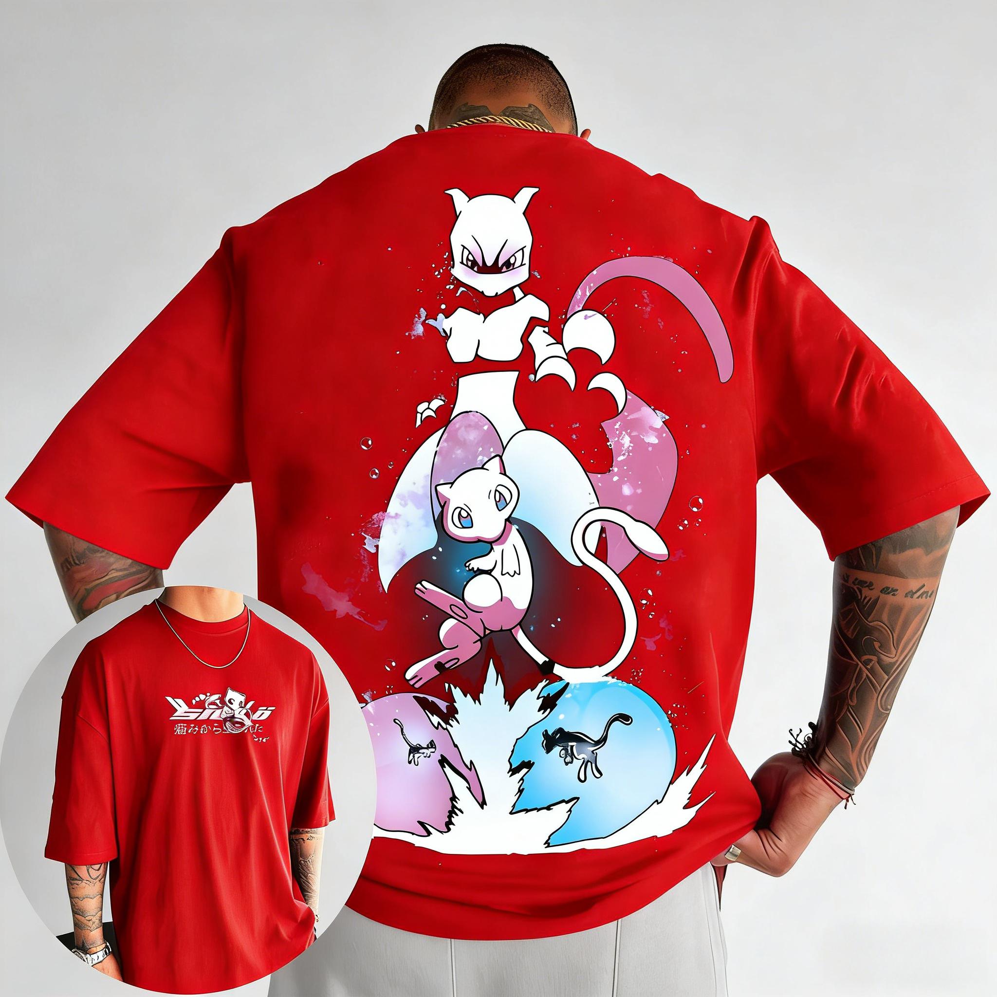 

Men s and Women s Cotton T-shirt 2026 Summer New Pikachu Mewtwo Printed Street Hip Hop Casual Loose Y2K Parent Child Top S червоний