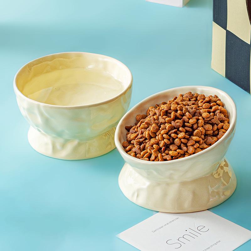 Ceramic Cat & Dog Feeder: Cute, Slanted Double Bowl with High-Leg Design for Neck Protection and Anti-Tip Stability.
