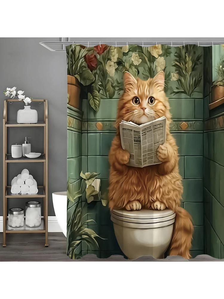 Cat Reading Newspaper Floral Shower Curtain, Bathroom Decorative Shower Curtain, Waterproof Shower Curtain with Hooks W90xH180cm