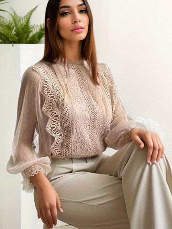 Elegant Mesh Puff Sleeve Round Neck Lace Top 