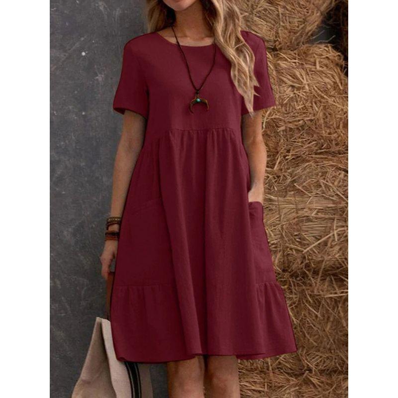 

Retro Loose Pocket Short sleeve Dress Retro Loose-Pocket Short-Sleeve Dress Burgundy 3XL