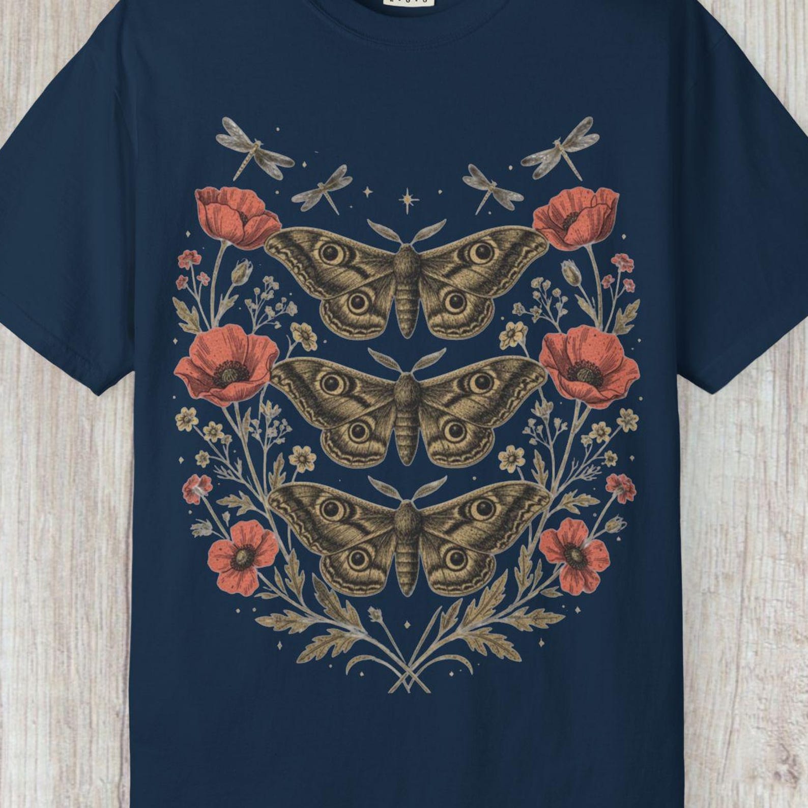Comfort Colors Celestial Moth Shirt, Moon Moth T shirt, Witchy Moth Tee, Botanical Poppy Flowers Shirt, Cottagecore Night Garden Shirt S