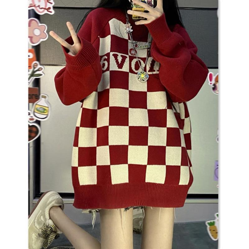 

Винтажный клетчатый свитер большого размера, женский японский вязаный джемпер в стиле Харадзюку, свободный повседневный универсальный пуловер, топы, уличная одежда