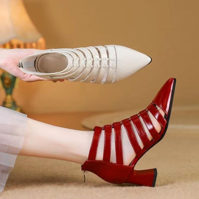 Fall New Block Heel Sandals Women's Pointed Toe Cutout Breathable Rear Zipper Non-Slip High Heels