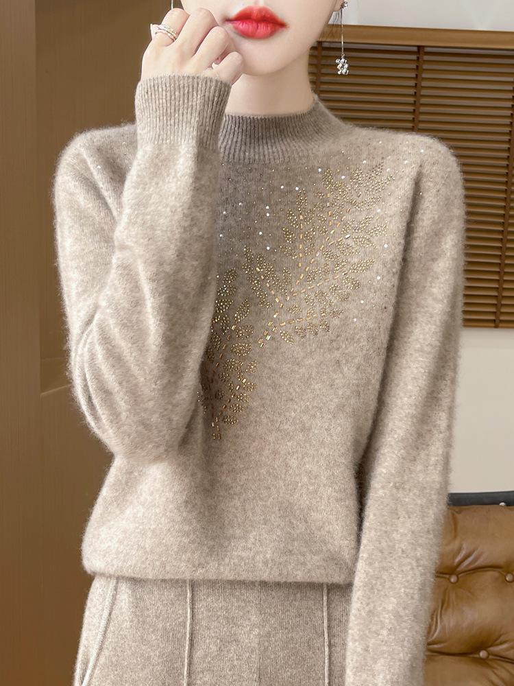 Women's Autumn/Winter Pure Wool Half-High Collar Sweater - Warm, Seamless, Non-Itchy, Hot-Drill Design