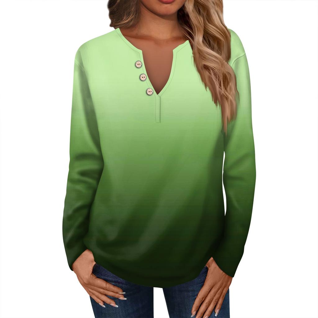 Dámská móda Neformální dámské tričko s výstřihem do V, dlouhým rukávem, volným potiskem, s ozdobnými knoflíky