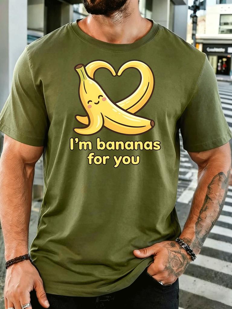 Unisex Short Sleeve T Shirt Cute Banana Heart Graphic Tee Love Quote Print Top Summer Soft Cotton Casual Street Wear For Adult Male
