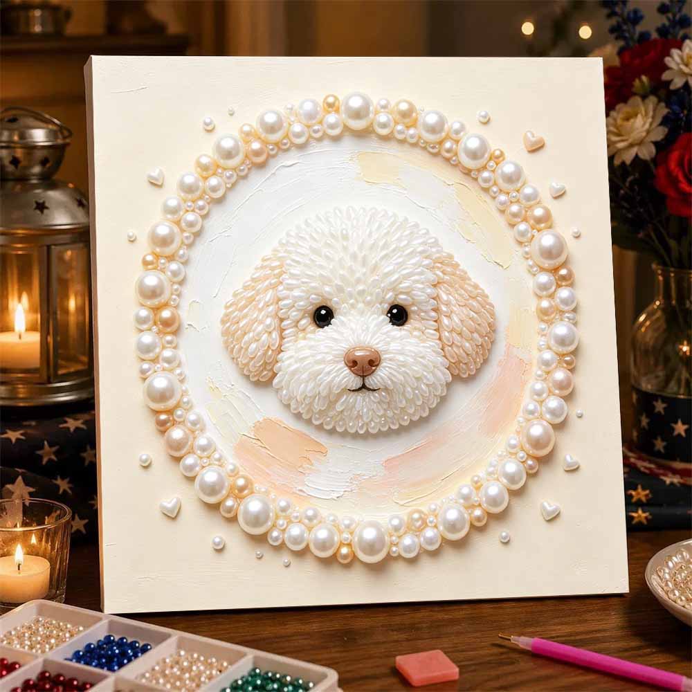 DIY 5D Pearl Bead Painting Kit with Frame Cute Bichon Dog Design Shiny Canvas Art for Bedroom Wall Decor and Special Birthday Gift