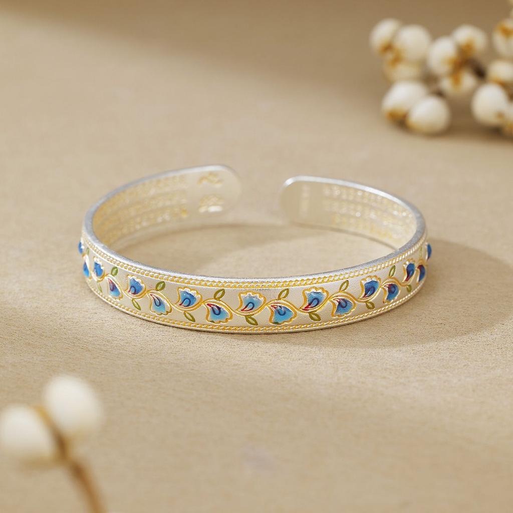 Gold-painted Enamel Flower Vine Heart Sutra Bracelet Opening Adjustment Literary and National Style Fashion Bracelet Solid Accessories