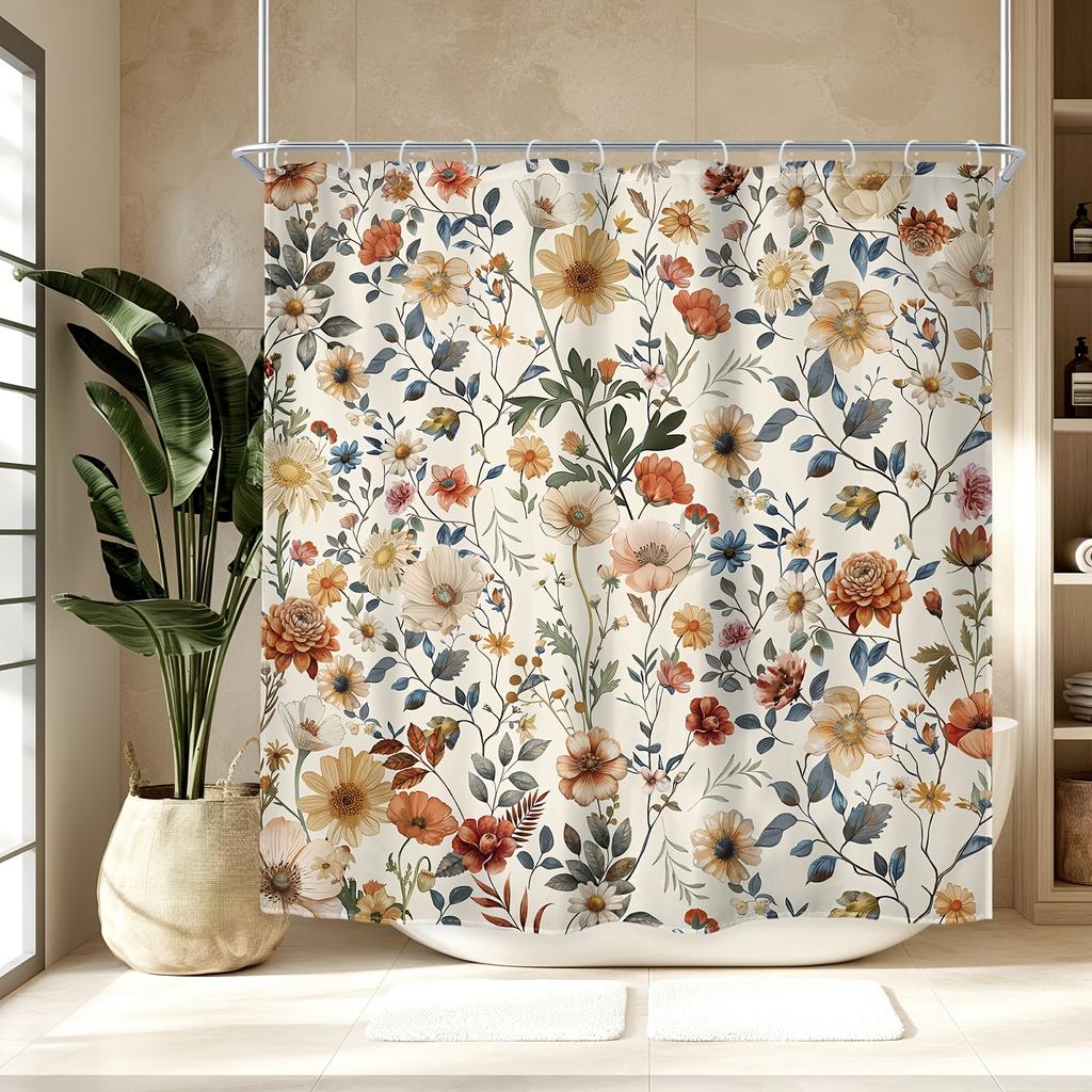 Retro Shower Curtain - Wild Flowers & Weeds, Waterproof, 12 Hooks, 71In, Modern Bath