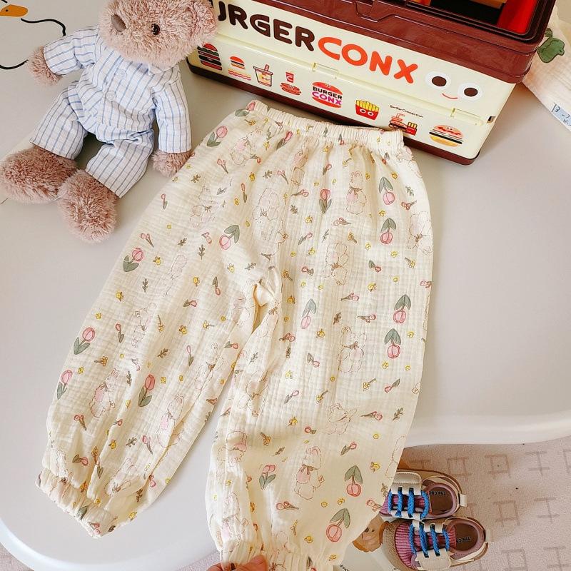 Kids Summer Cotton Double Layer Gauze Mosquito Pants Boys Girls Cartoon Breathable Thin Air Conditioning Casual Trousers