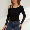 Autumn Asymmetric Crossed Shoulderless Design Lace Splicing T-Shirt Women's Long Sleeve Skinny Versatile Closet Essential Fashion Items Shirt