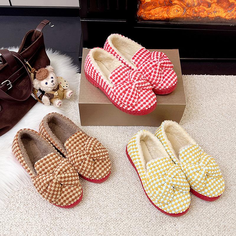 Processing Customized Slippers Women's Winter Cute Bow Indoor Thick-soled Non-slip Cotton Shoes Piled and Thickened Soft-soled Casual