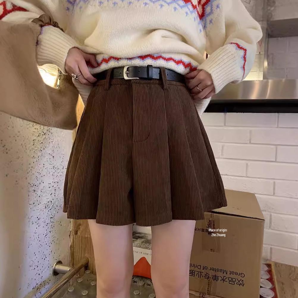 High-Waisted Khaki Corduroy A-Line Skorts for Women - 2026 Autumn/Winter Hip-Covering Pleated Wide-Leg Style.