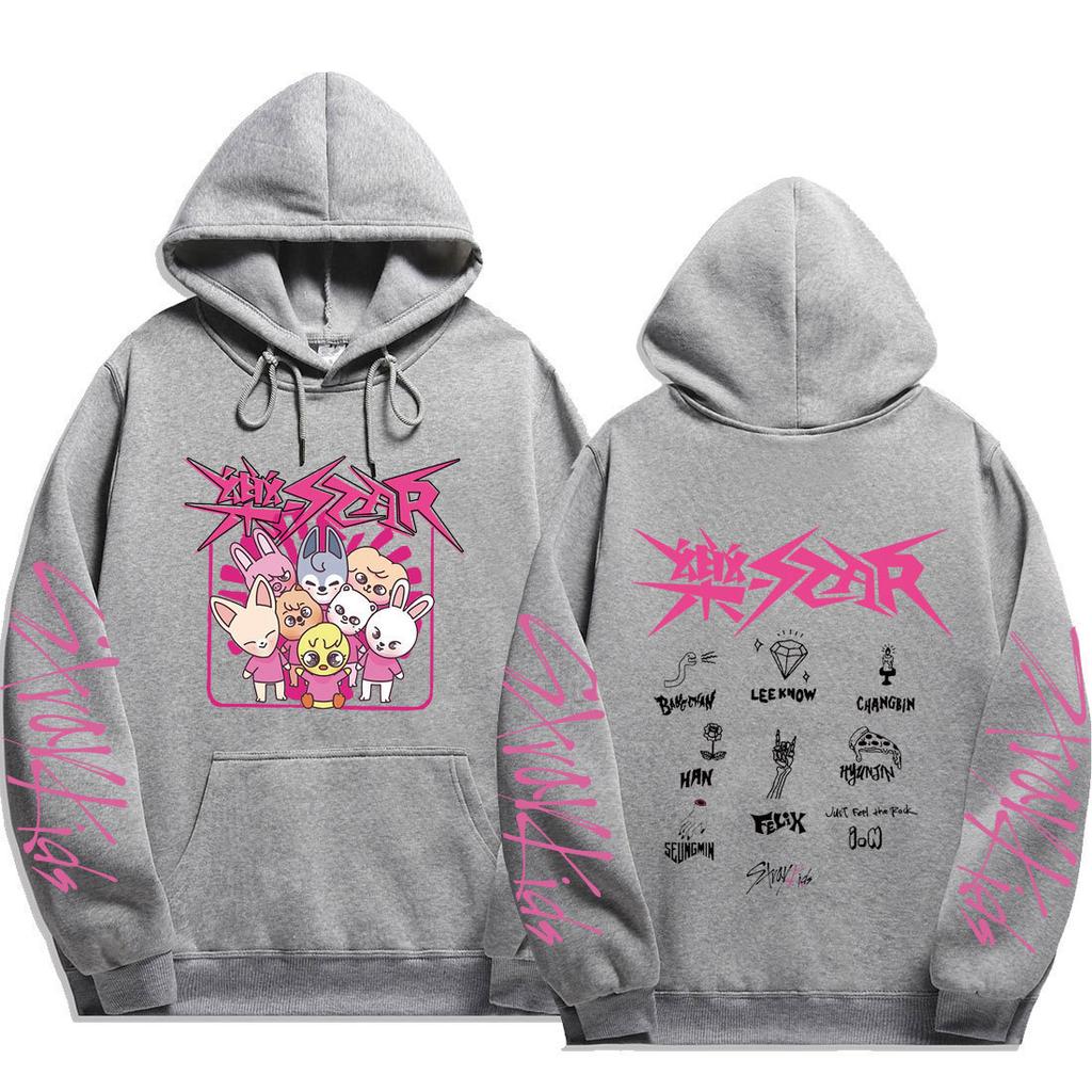 Stray Kids Pullover Hoodie Front Pink Punk Cartoon Member Names Graphic Kangaroo Pocket Drawstring Hood Oversized Unisex K‑Pop Streetwear Fan Merch