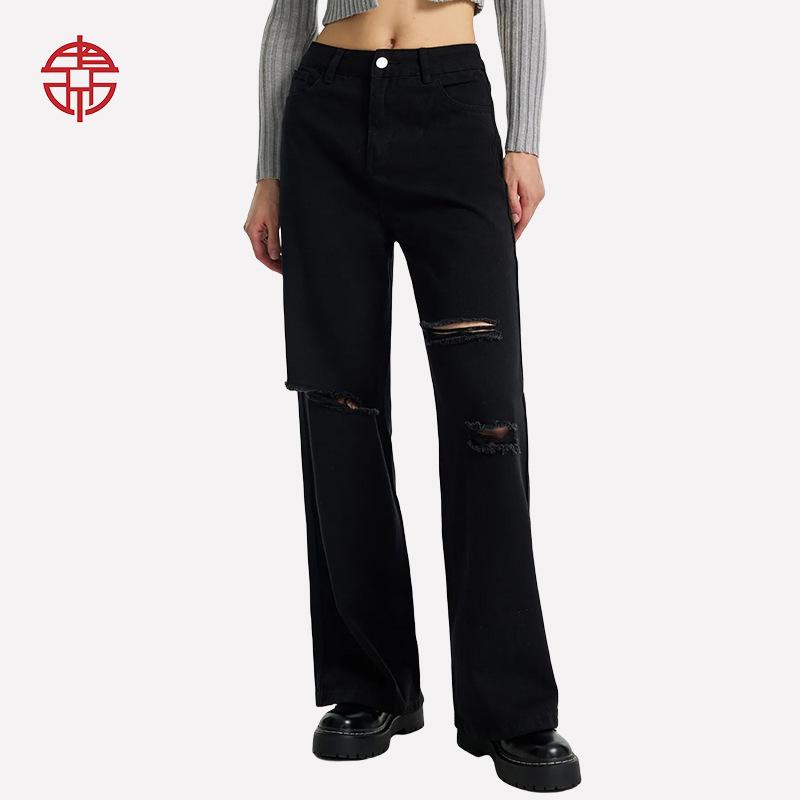 European & American Women s High-Waisted Loose Wide-Leg Ripped Denim Jeans L