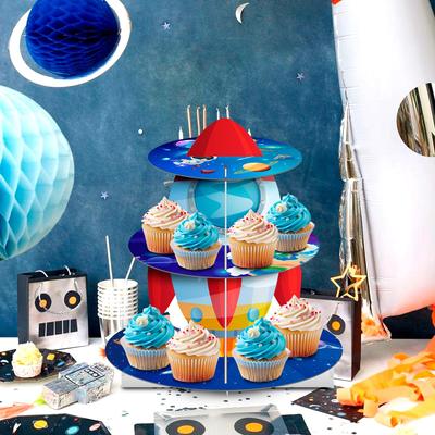 Stojan na cupcaky s vesmírným motivem, 3patrový stojan na cupcaky s vesmírným motivem, Držák na dezerty cupcaky s vesmírným motivem, Dekorace na vesmírnou párty & Dekorace na narozeniny s tématem vesmíru