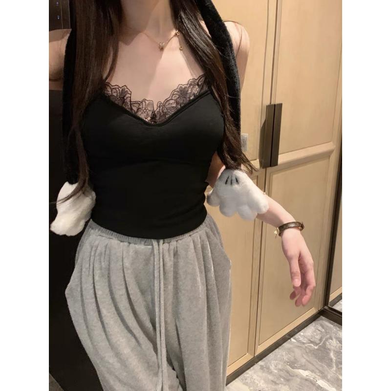 Cotton-brushed French Pure Wind Lace Patchwork Camisole Vest Slim with Chest Pad with Thermal Top