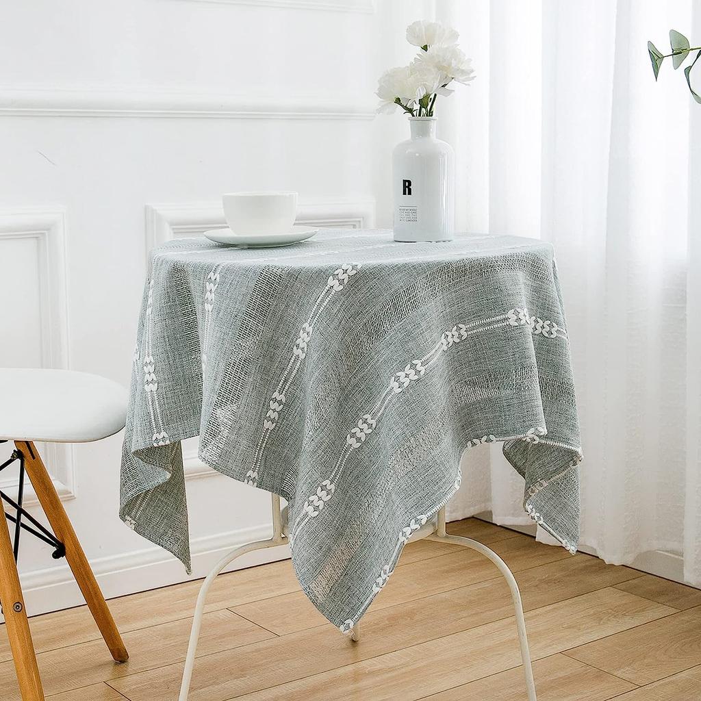 Country Tablecloth Oval Stripe Embroidery Flower Linen Heavy Duty Cover Kitchen Table Fabric