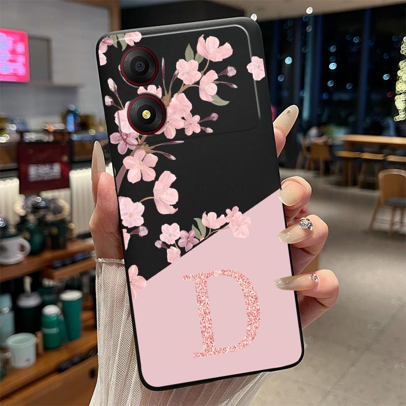 Black Case For ZTE Blade A34 4G Funda Beautiful Flower Printing Initial Letters Phone Casing Soft Silicone Protective Back Cover