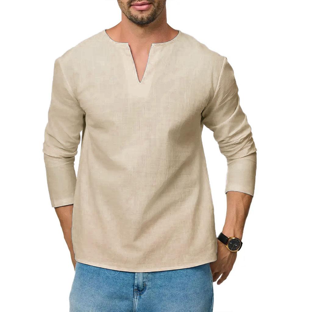 Men's Cotton Linen Long Sleeve T-Shirt Breathable V-neck Casual Slim Fit Solid Color Lightweight Male Casual Cozy Tees