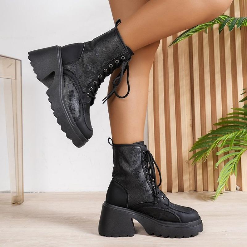 Minimalistische Combat-Stiefel für Damen mit Schnürung, Plateaustiefel mit dickem Absatz, britischem Stil, dicke Sohle, größere Höhe, Freizeitstiefel