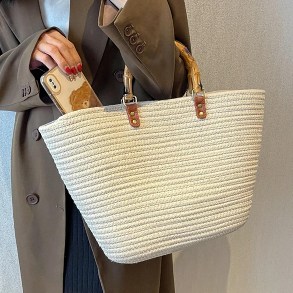 Cotton Woven Handbags Bamboo Handle Tote Summer Striped Hand-Woven Top-handle Bags Large Capacity Women's Bags Weaving Beach Bag