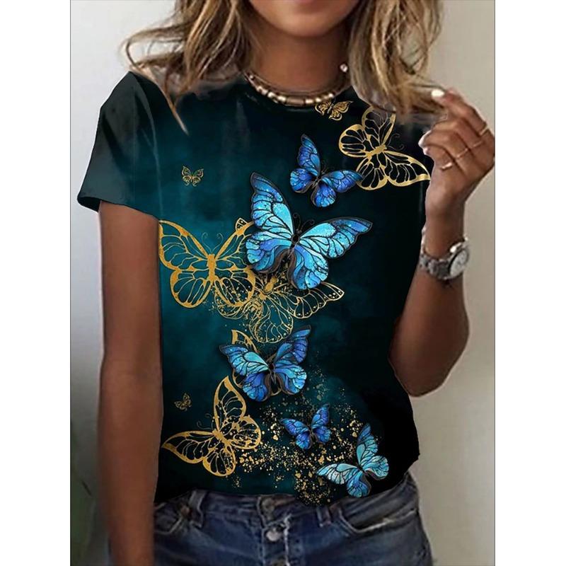 Latest Women's T-Shirt 3D Butterfly Print Top Short Sleeve Tee Fashion Round Neck Clothes for Teenagers Fashion Girl Clothes