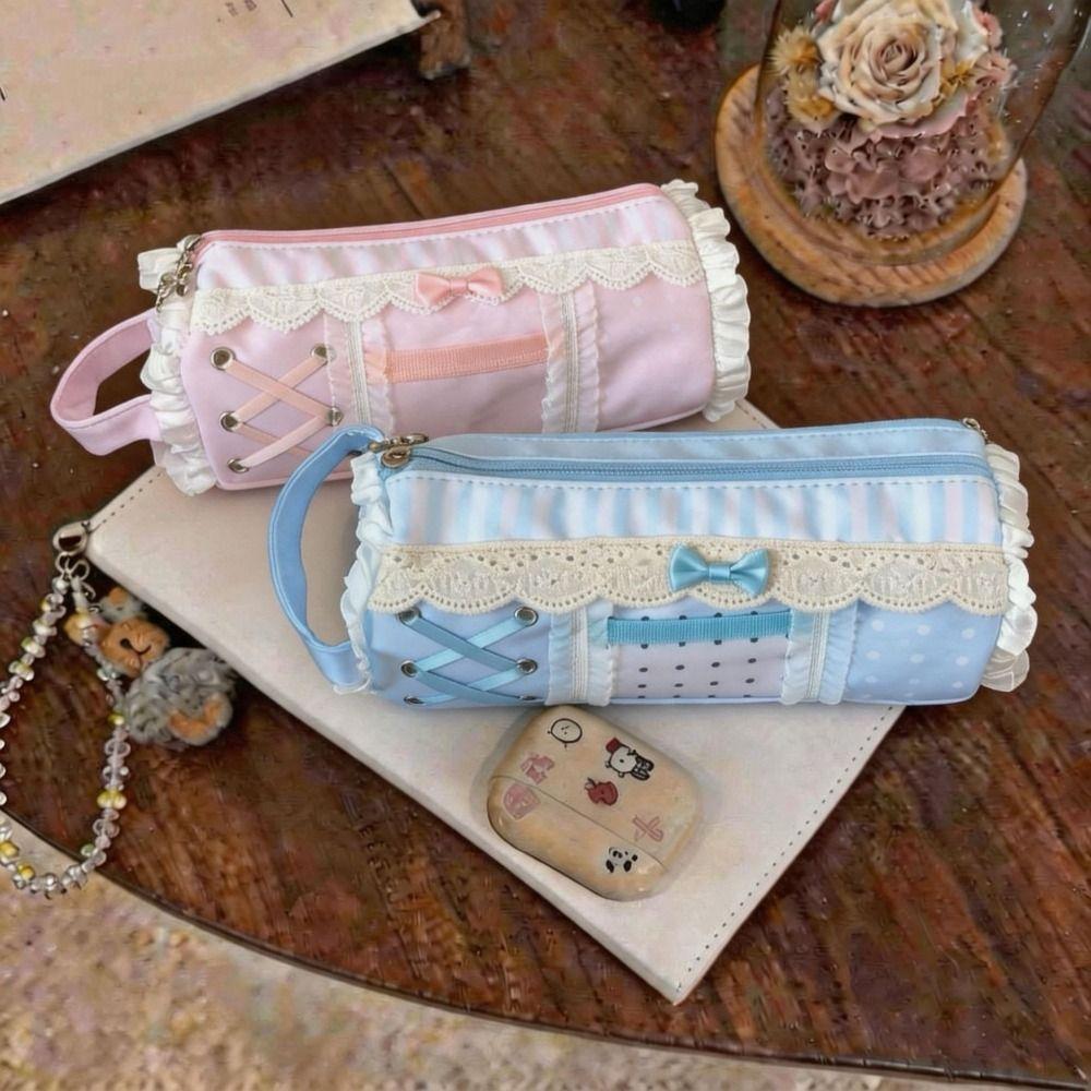 Large Capacity Lace Pencil Case Bow Makeup Bag Polka Dot Pencil Storage Bag Award Gifts