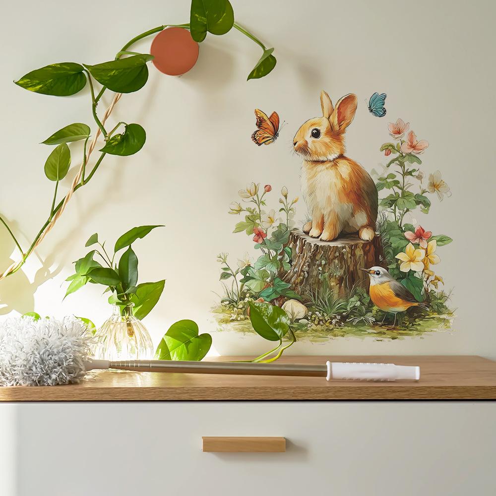 Static Cling Window Stickers Cartoon Bunny Tree Stump Flowers for Bathroom Sink Glass Display Home Decor
