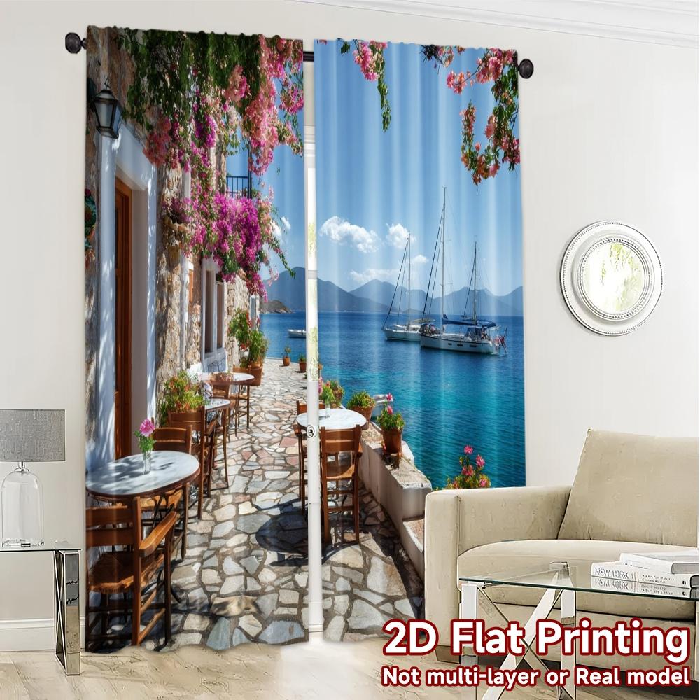 Set Of 2 Modern Flat Printing Curtains Without Rod Seaside Serenity Window Treatment Versatile Durable Polyester Curtain Made