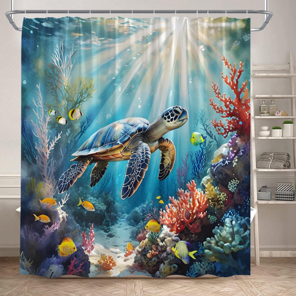 Sea Turtle Shower Curtains Funny Ocean Animals Coral Underwater Scenery Bath Curtain Polyester Fabric Bathroom Decor With Hooks