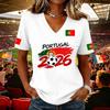 Women V Neck Pullover Short Sleeve Casual T Shirt Soccer Flag Print Portugal Support Top for Fans