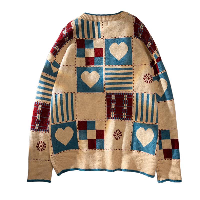 2026 Autumn And Winter New Trendy American Retro Plaid Love Ins Sweater Red Thickened Lazy Couple Sweater Loose Jacket For Men
