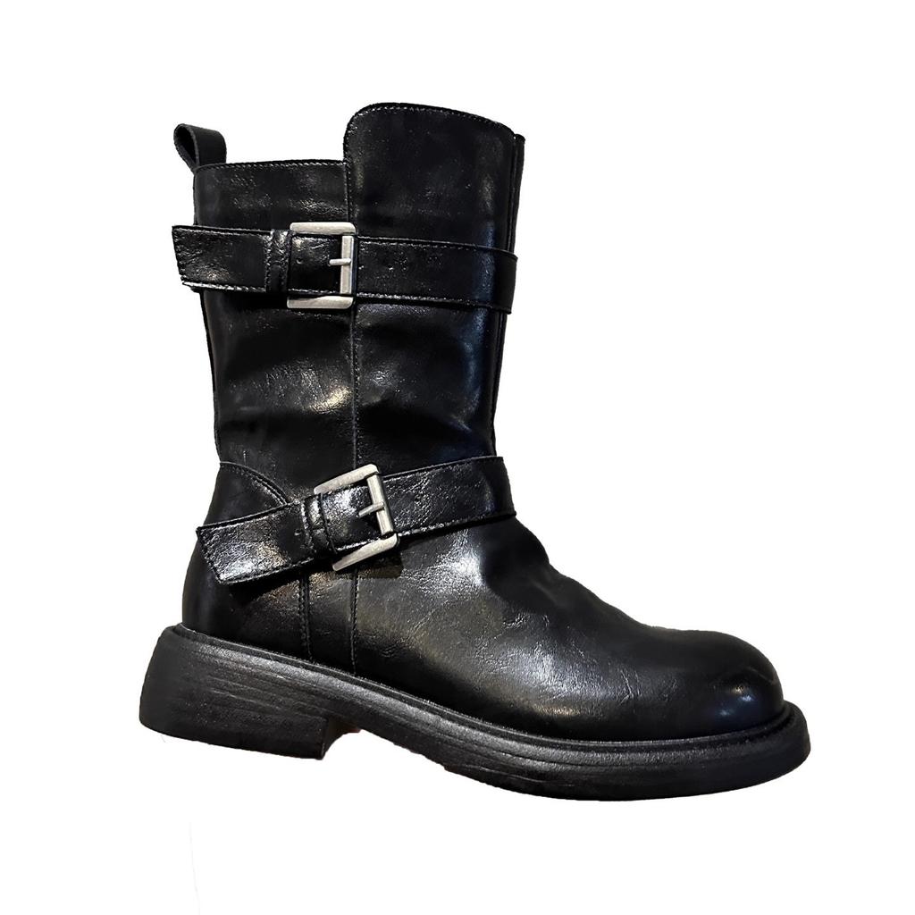 Western Boots Women's 2025 Autumn and Winter New Leather Retro Belt Buckle Martin Boots Fashionable Versatile British Style Knight Boots