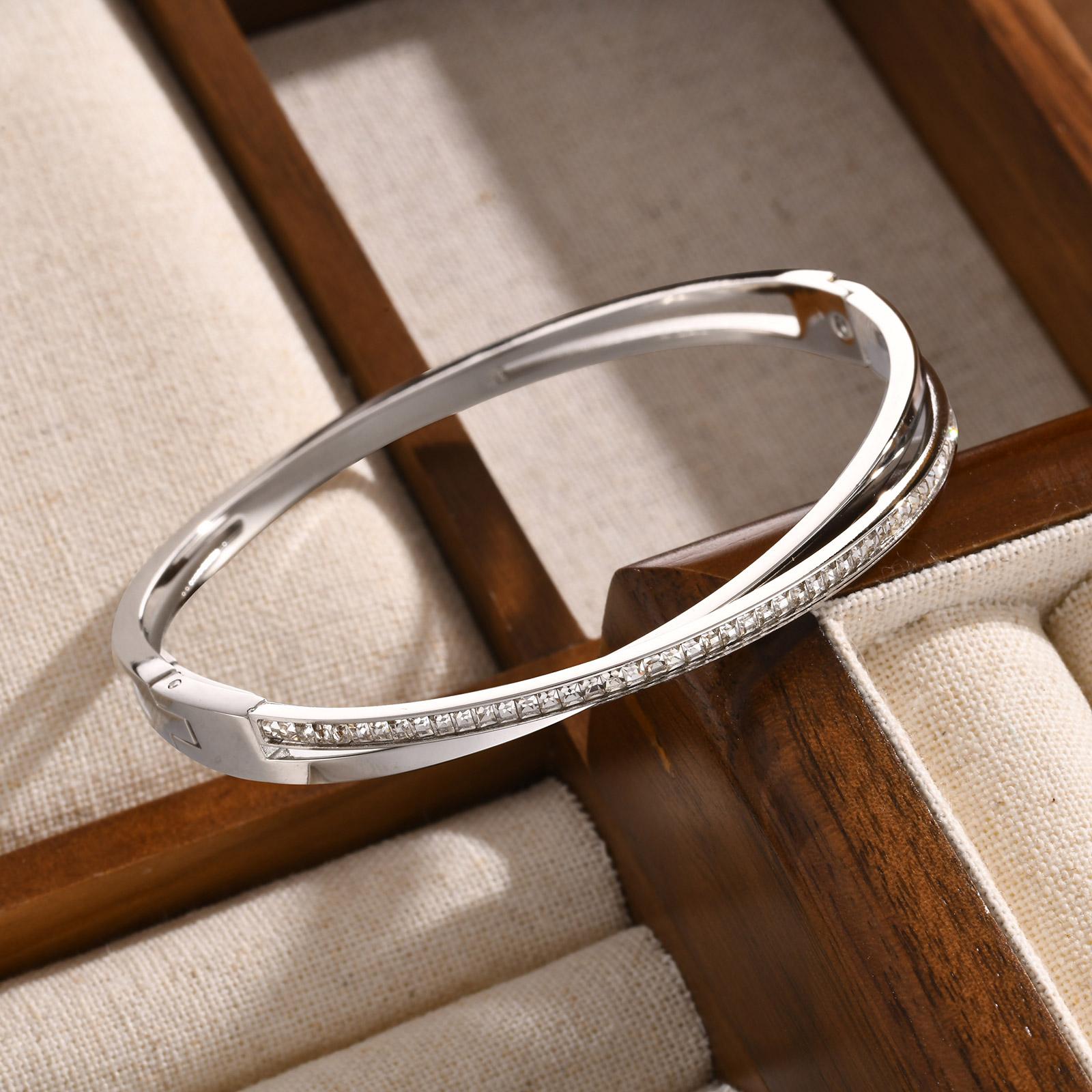 

Shiny Zircon Crossed Stainless Steel Bangle Bracelet for Women, Gold Color Layered Stackable Female Waterproof Jewelry Gift