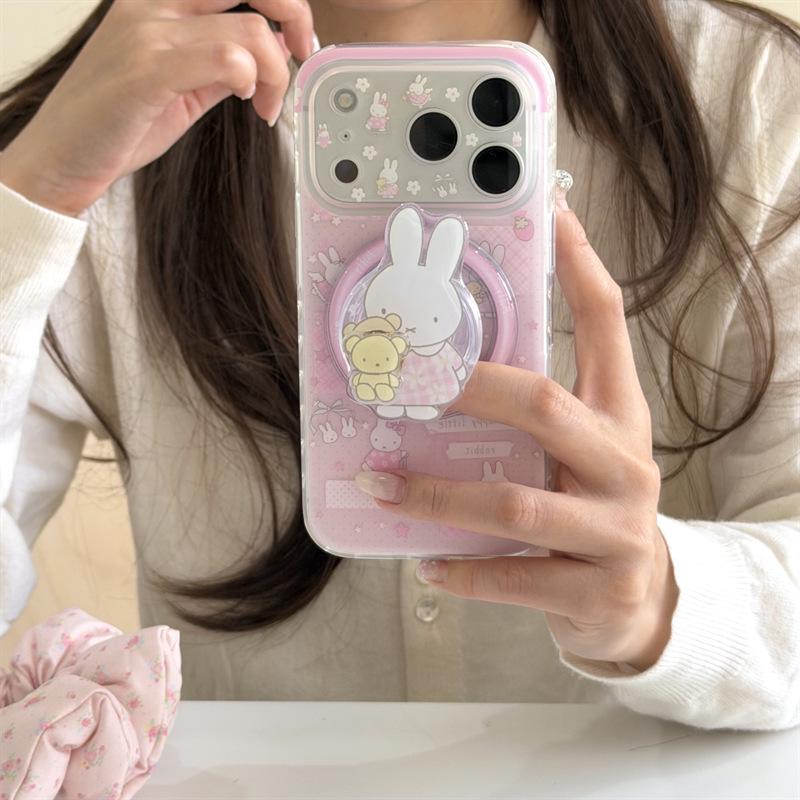 Polka Dot Bear Rabbit Magnetic Stand Case for iPhone 17 Pro Max / 16 / 15 / 14 - Girly Design