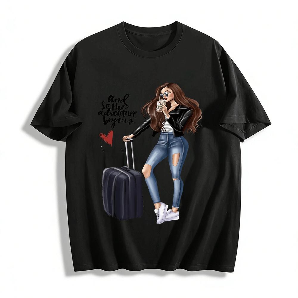 

And So The Adventure Begins Travel Girl Print Casual Top Pure cotton T-shirt XXS