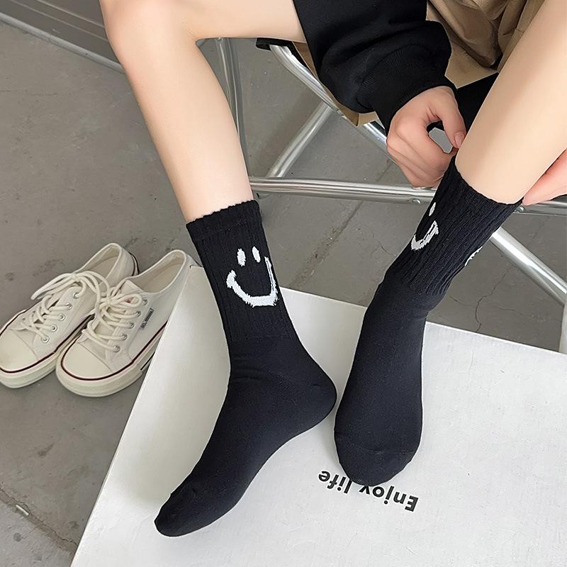 Cute Socks Women Fashion Casual Streetwear Cotton Middle Tube Socks College Style School Students Black White Gray Socks