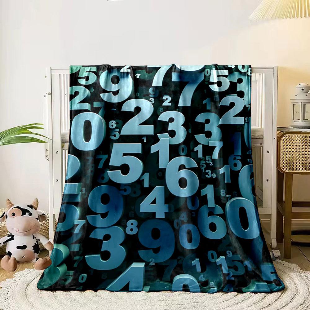Overlapping 3D numbers in blue tones on a dark background. for all seasons blanket lunch break throw gift 80cm x 120cm