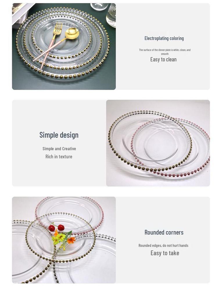 Nordic Style Golden Beaded Glass Fruit Plate - Round and Elegant for Banquets