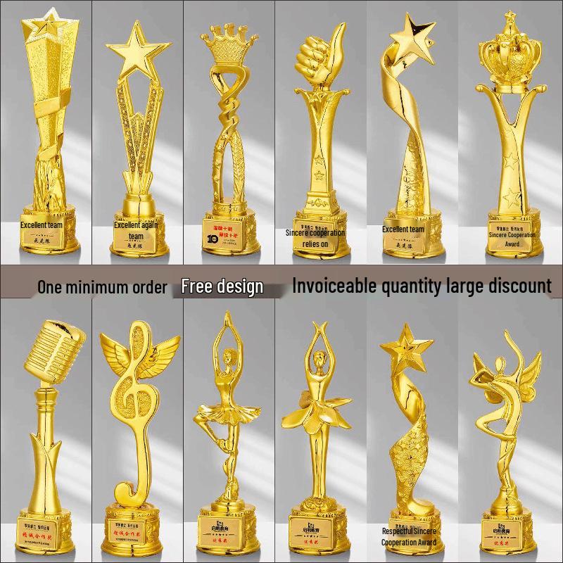 Horse Year Crystal Trophy with Gold-Plated Thumbs Up & Star for Company Awards