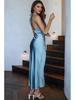 2023 Cross-Border Women's Solid Color Satin Halter Backless Slit Midi Evening Dress