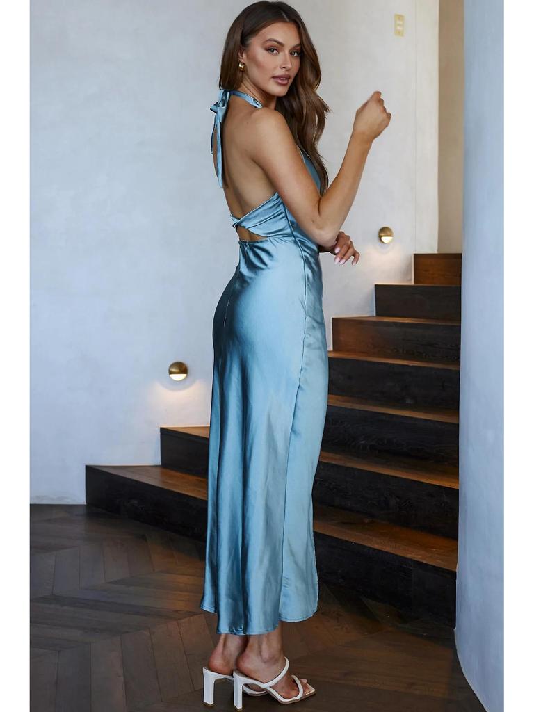 2023 Cross-Border Women's Solid Color Satin Halter Backless Slit Midi Evening Dress