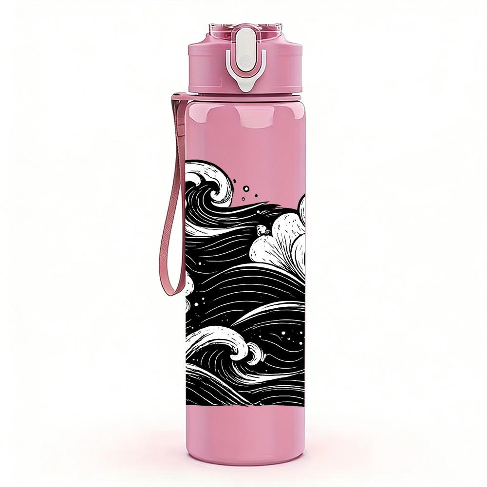 1PC Black White Ocean Wave Art Print 750ml Color Plastic Sports Water Bottle Leakproof Flip Straw Lid Suitable for Sports Office Home Use