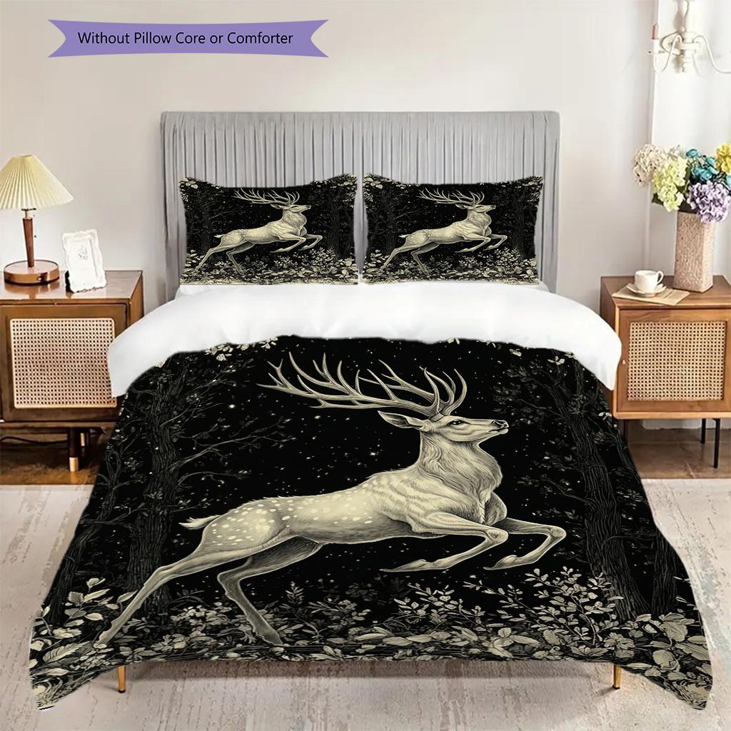 Deer Pattern Bedding Quilt Set Quilt Cover Pillowcase Home Decoration Birthday Gift (1 * Duvet Cover + 2 * Pillowcase, Without Core)