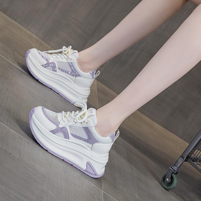 Fashion 8CM Popular Elder Shoes 2025 Summer New Versatile Mesh Breathable Women's Shoes Thick Bottom Inner Height Casual Sports
