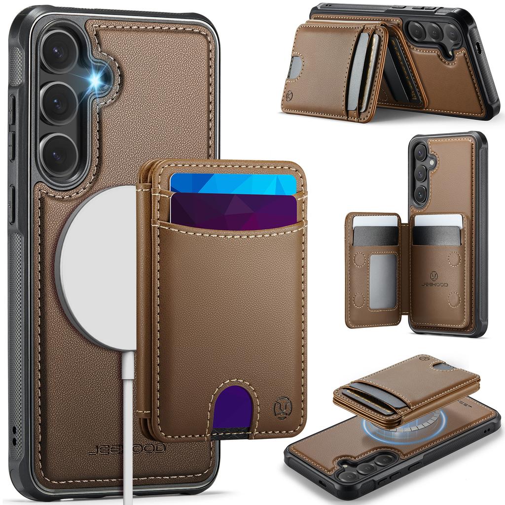 For Samsung Galaxy S26 Magnetic Case JEEHOOD J10 Leather Back Phone Cover with Detachable Card Holder Kickstand