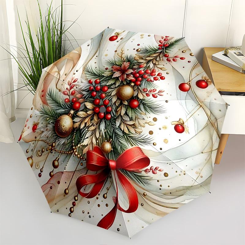 1pc Elegant Christmas Tree Design Automatic Folding Umbrella, Portable 3-Fold Design with Golden Berries, Red Ribbons, and Festive Flowers, Perfect Gi
