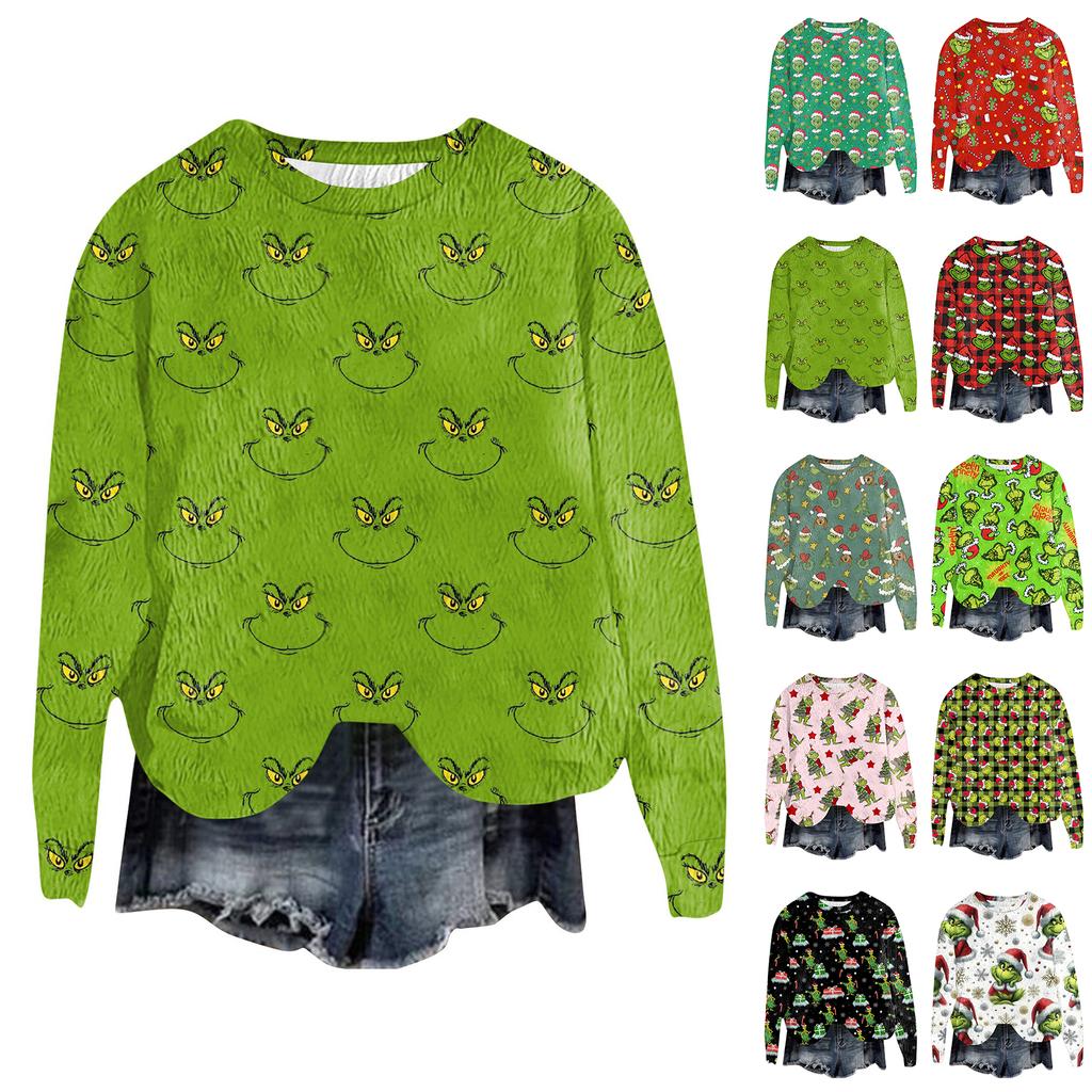 Women's Fashion Round Neck Pullover Top Long Sleeve Tee Christmas Printed Sweatshirt